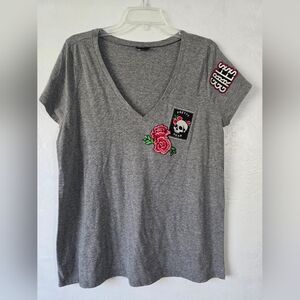 Torrid Gray V-Neck Top with Skull and Rose Patches